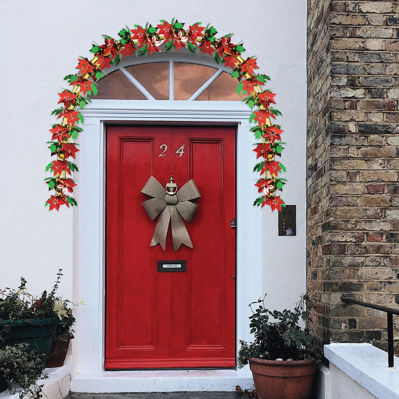 Pack Of 12 Metallic Christmas Poinsettia And Holly Garland 9' 3 Pack Of 12 Metallic Christmas Poinsettia And Holly Garland 9'