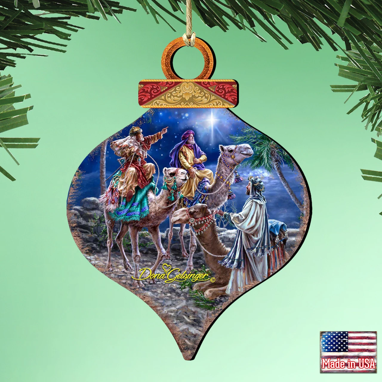 Set Of 2 Wise Men Riding A Camel Onion Shaped Wooden Christmas Ornaments 5.5" 4 Set Of 2 Wise Men Riding A Camel Onion Shaped Wooden Christmas Ornaments 5.5" - Image 2