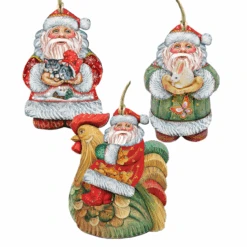 Set Of 3 Santa Claus Pets Wooden Christmas Ornaments 5.5"