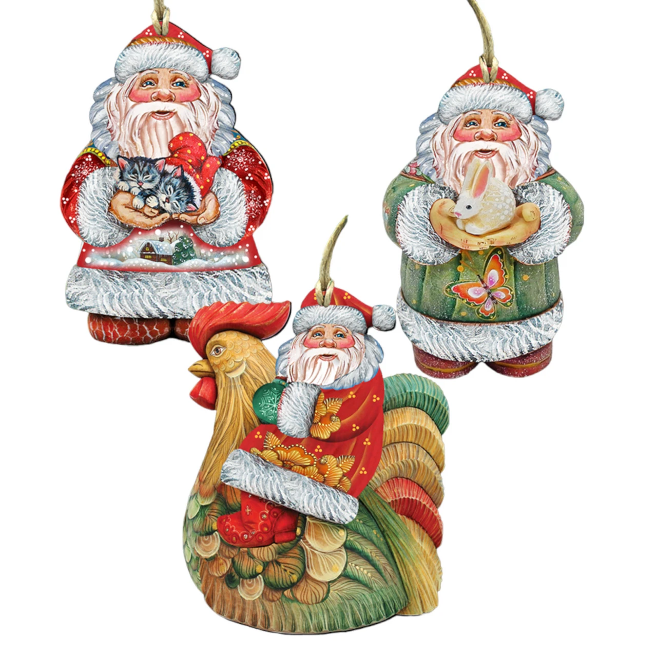 Set Of 3 Santa Claus Pets Wooden Christmas Ornaments 5.5" 3 Set Of 3 Santa Claus Pets Wooden Christmas Ornaments 5.5"
