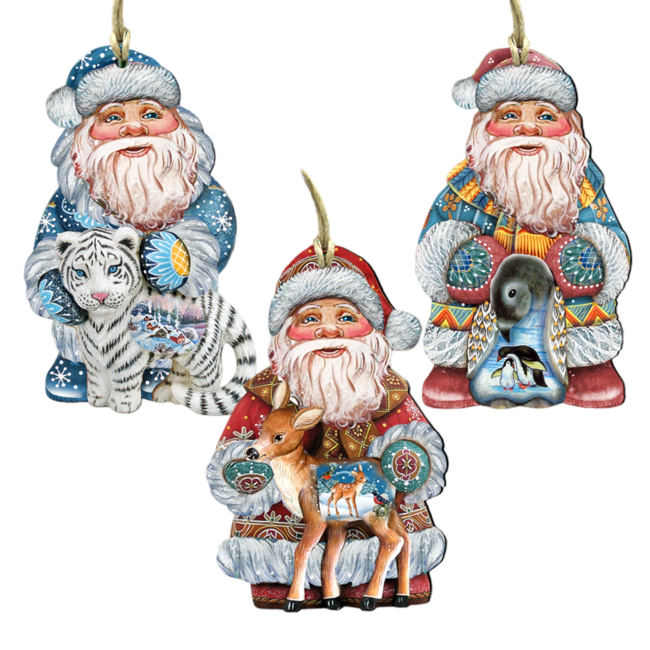 Set Of 3 Santa Wild Adventure Wooden Christmas Ornaments 5.5" 3 Set Of 3 Santa Wild Adventure Wooden Christmas Ornaments 5.5"