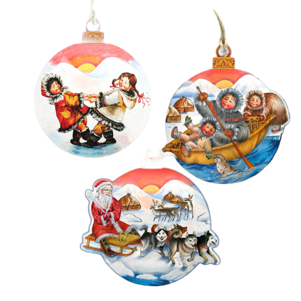 Set Of 3 Arctic Family Adventure Wooden Christmas Ornaments 5.5" 3 Set Of 3 Arctic Family Adventure Wooden Christmas Ornaments 5.5"