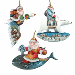 Set Of 3 Santa Claus Animals Travel Ride Wooden Christmas Ornaments 5.5"