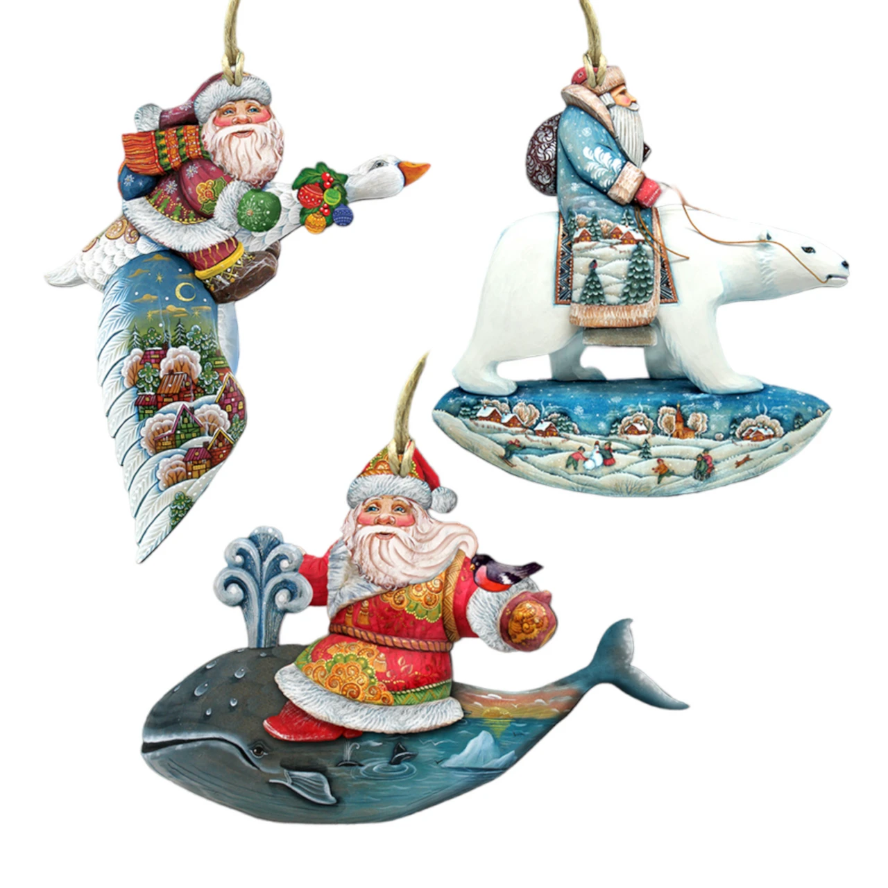 Set Of 3 Santa Claus Animals Travel Ride Wooden Christmas Ornaments 5.5" 3 Set Of 3 Santa Claus Animals Travel Ride Wooden Christmas Ornaments 5.5"