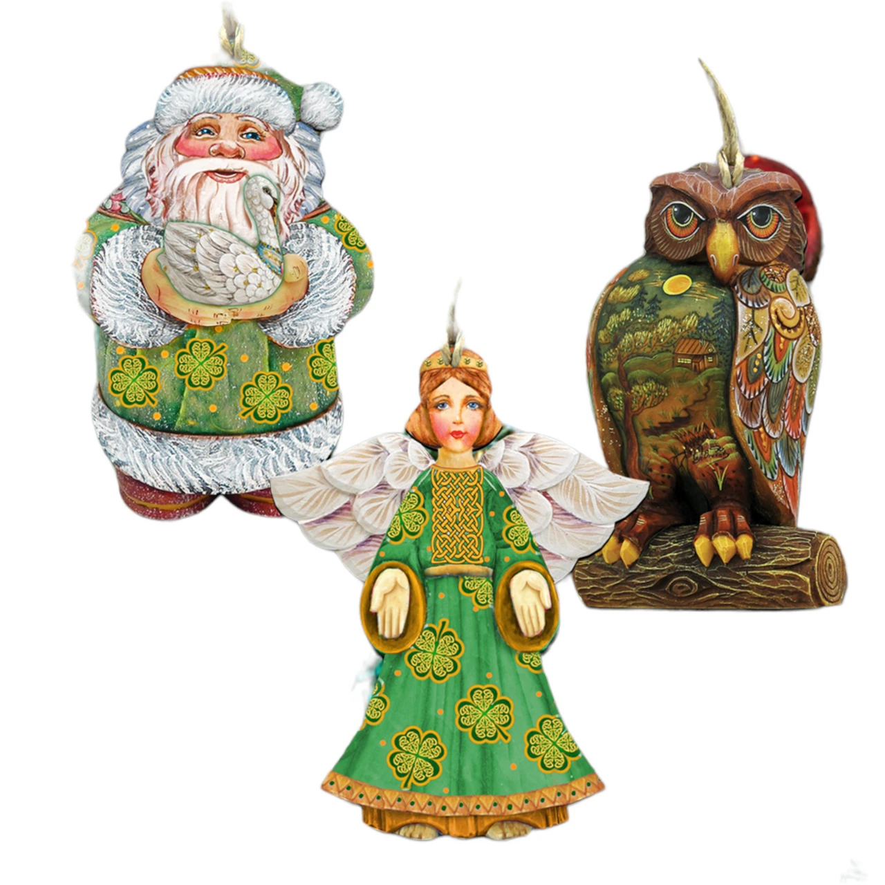 Set Of 3 Irish Santa Angel And Owl Wooden Christmas Ornaments 5.5" 3 Set Of 3 Irish Santa Angel And Owl Wooden Christmas Ornaments 5.5"