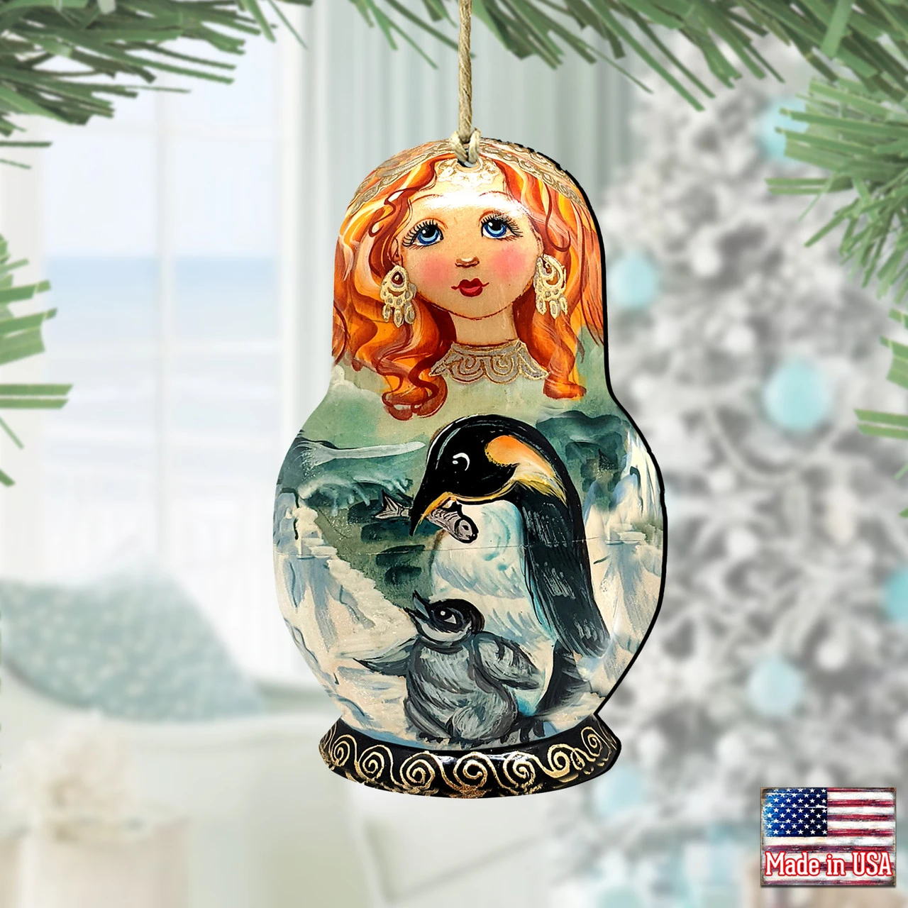 Set Of 2 Matreshka Doll With A Penguin Wooden Christmas Ornaments 5.5" 4 Set Of 2 Matreshka Doll With A Penguin Wooden Christmas Ornaments 5.5" - Image 2