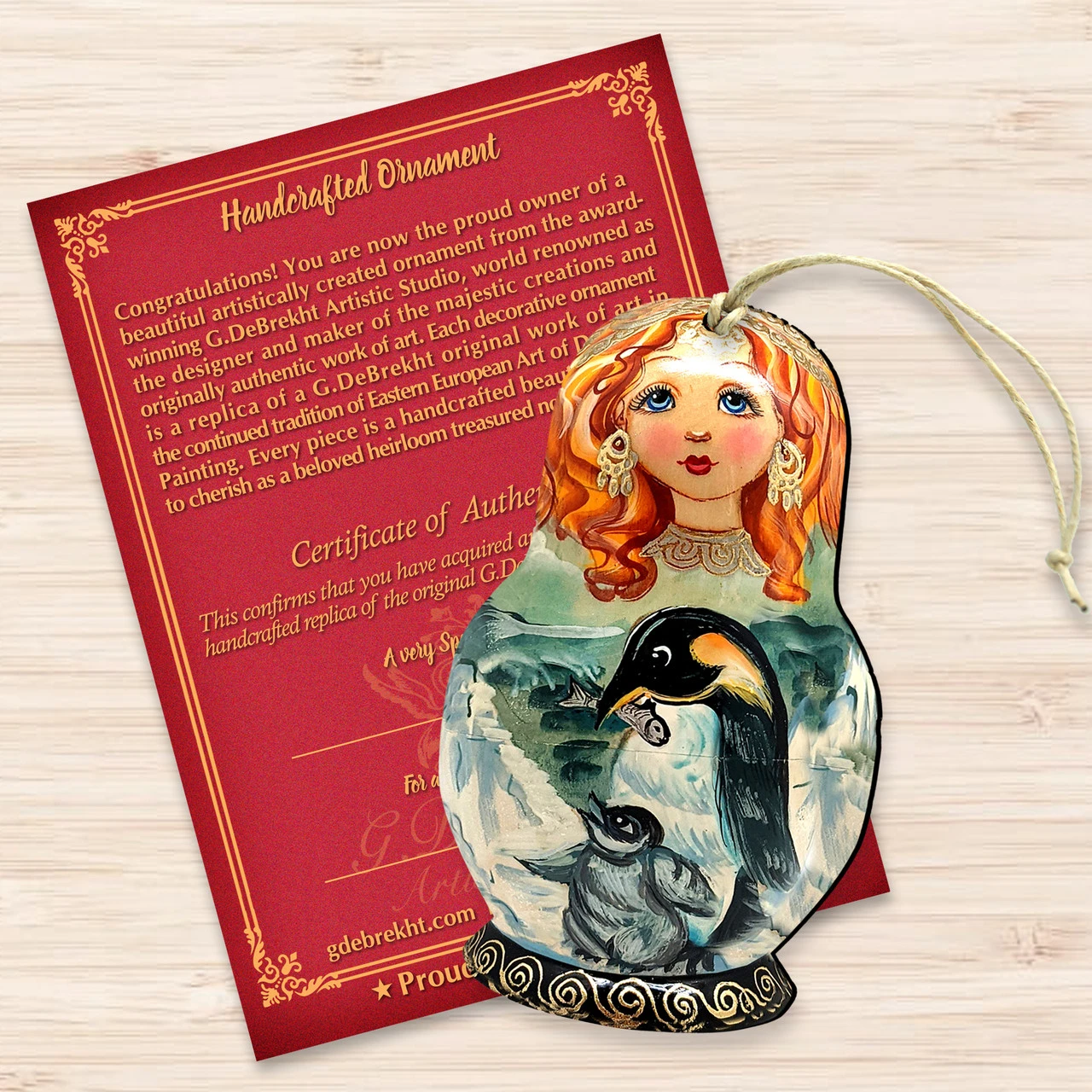 Set Of 2 Matreshka Doll With A Penguin Wooden Christmas Ornaments 5.5" 5 Set Of 2 Matreshka Doll With A Penguin Wooden Christmas Ornaments 5.5" - Image 3