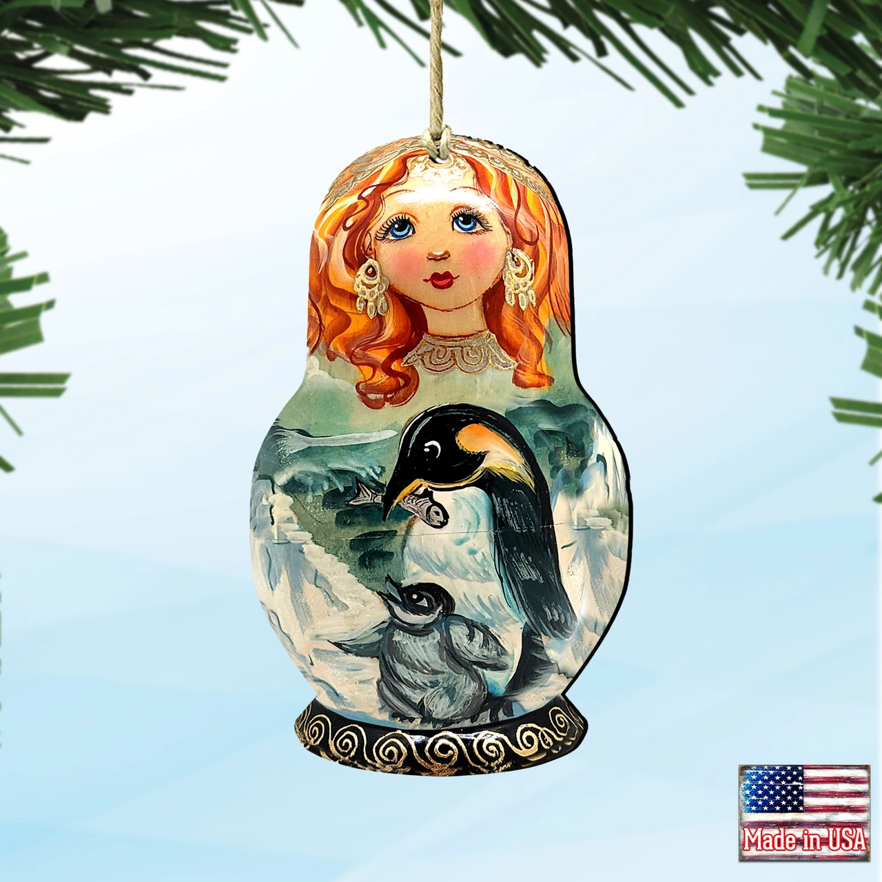 Set Of 2 Matreshka Doll With A Penguin Wooden Christmas Ornaments 5.5" 6 Set Of 2 Matreshka Doll With A Penguin Wooden Christmas Ornaments 5.5" - Image 4
