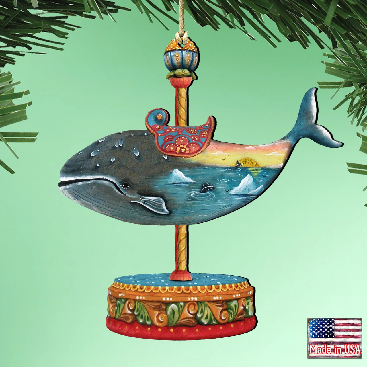 Set Of 2 Whale Carousel Wooden Christmas Ornaments 5.5" 4 Set Of 2 Whale Carousel Wooden Christmas Ornaments 5.5" - Image 2