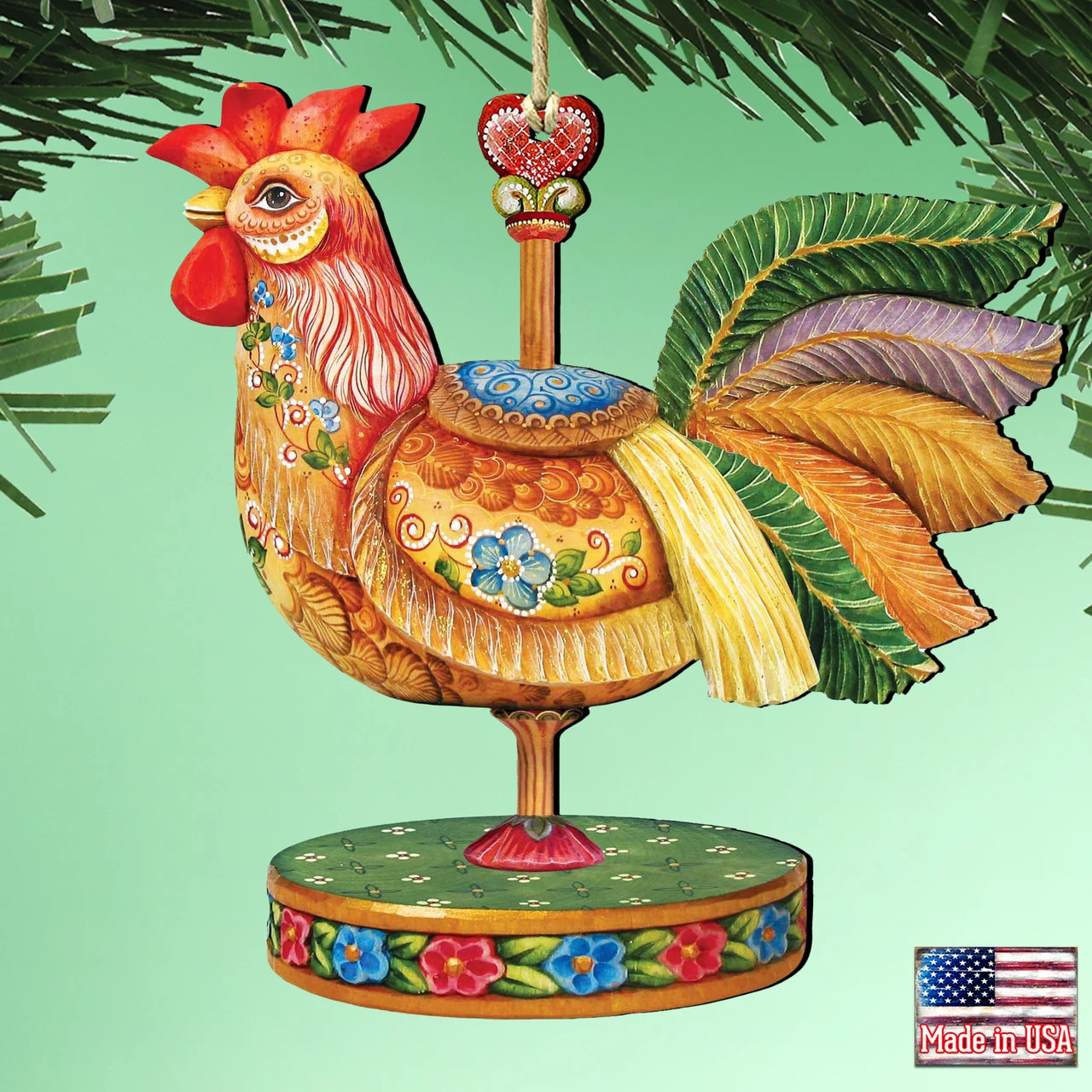 Set Of 2 Rooster Carousel Wooden Christmas Ornaments 5.5" 4 Set Of 2 Rooster Carousel Wooden Christmas Ornaments 5.5" - Image 2