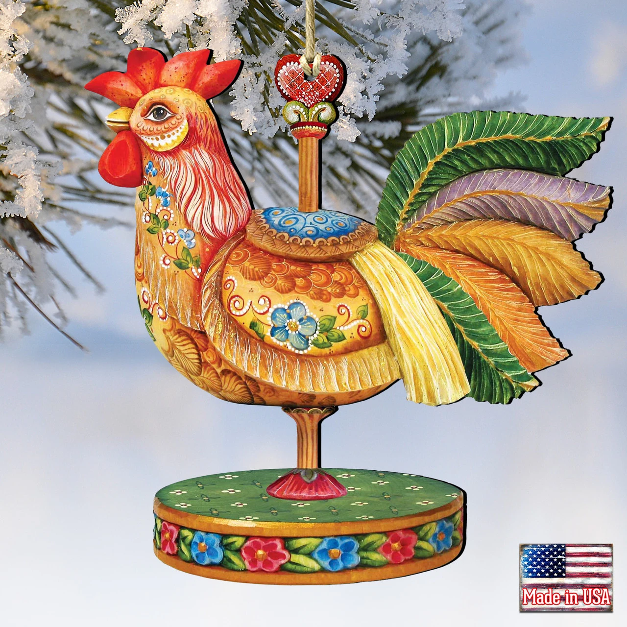 Set Of 2 Rooster Carousel Wooden Christmas Ornaments 5.5" 6 Set Of 2 Rooster Carousel Wooden Christmas Ornaments 5.5" - Image 4