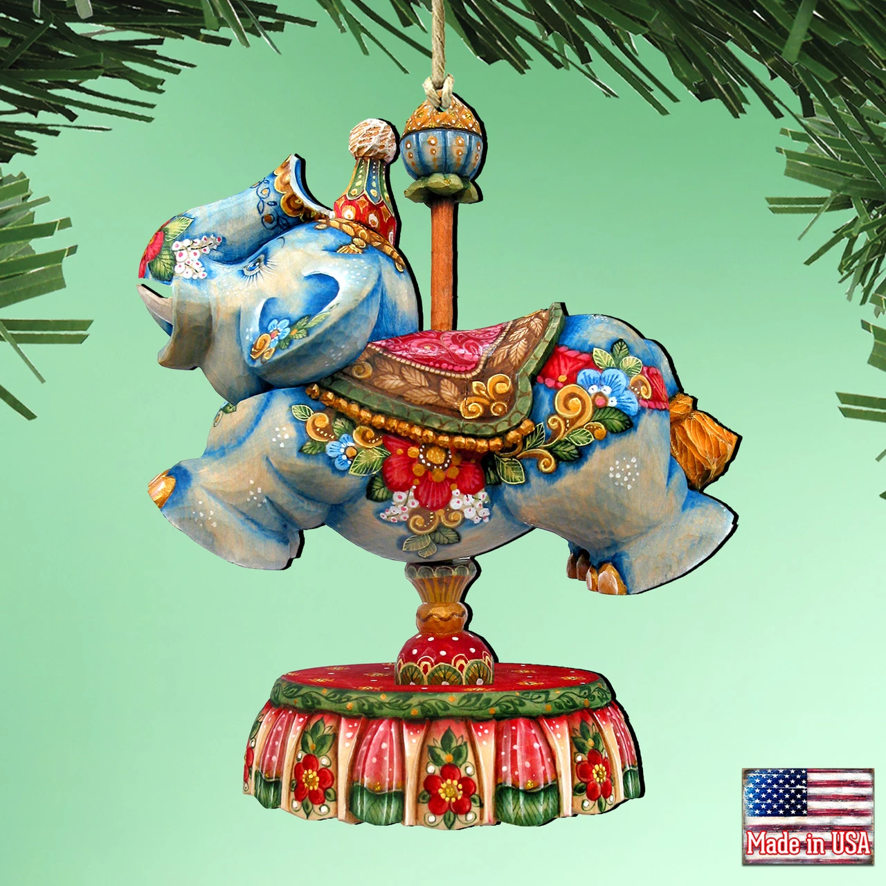 Set Of 2 Floral Elephant Carousel Wooden Christmas Ornaments 5.5" 4 Set Of 2 Floral Elephant Carousel Wooden Christmas Ornaments 5.5" - Image 2