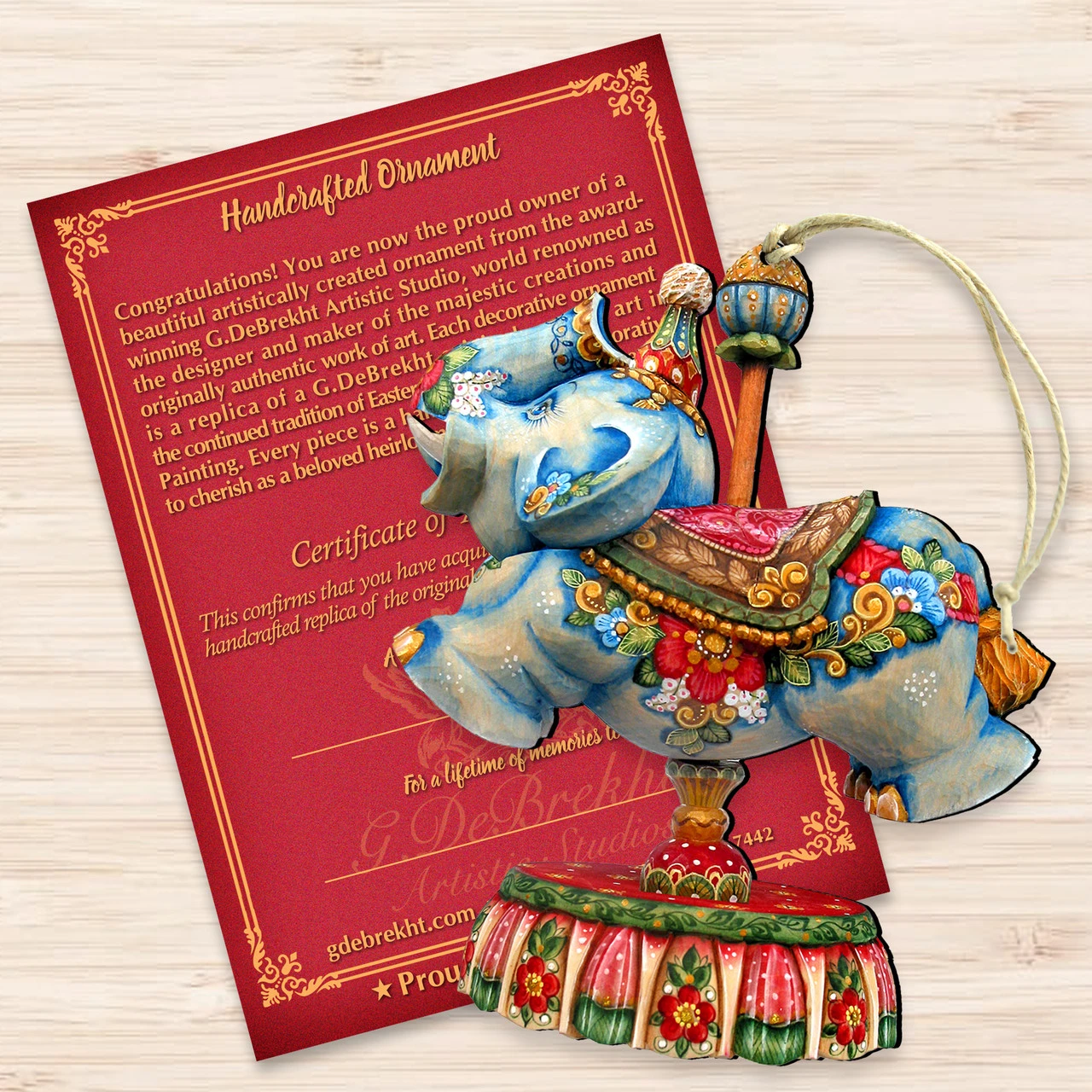 Set Of 2 Floral Elephant Carousel Wooden Christmas Ornaments 5.5" 5 Set Of 2 Floral Elephant Carousel Wooden Christmas Ornaments 5.5" - Image 3