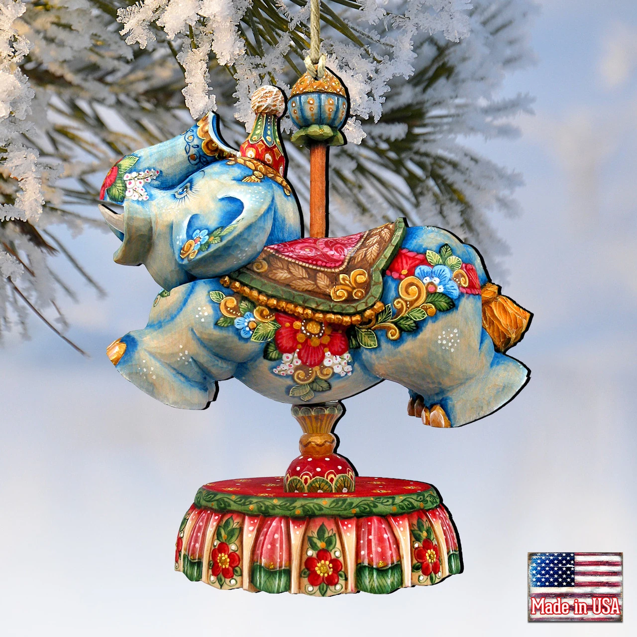 Set Of 2 Floral Elephant Carousel Wooden Christmas Ornaments 5.5" 6 Set Of 2 Floral Elephant Carousel Wooden Christmas Ornaments 5.5" - Image 4