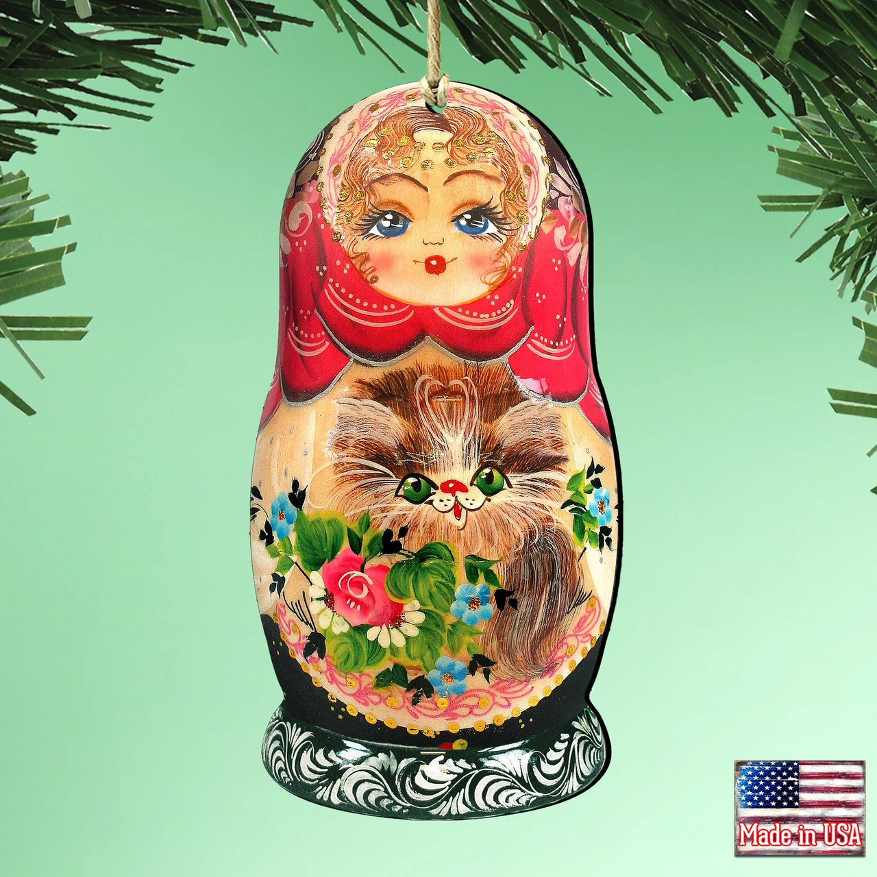 Set Of 2 Matreshka Doll With Cute Cat Wooden Christmas Ornaments 5.5" 4 Set Of 2 Matreshka Doll With Cute Cat Wooden Christmas Ornaments 5.5" - Image 2