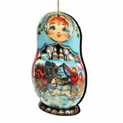 Set Of 2 Matreshka Doll Riding A Troika Horse Wooden Christmas Ornaments 5.5"