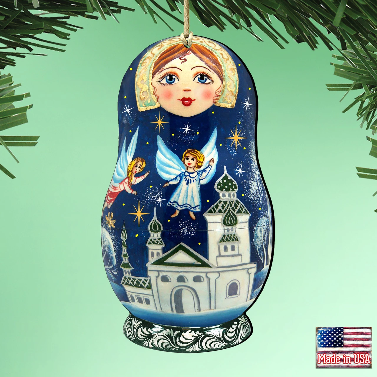 Set Of 2 Matreshka Doll With Flying Angels Wooden Christmas Ornaments 5.5" 4 Set Of 2 Matreshka Doll With Flying Angels Wooden Christmas Ornaments 5.5" - Image 2