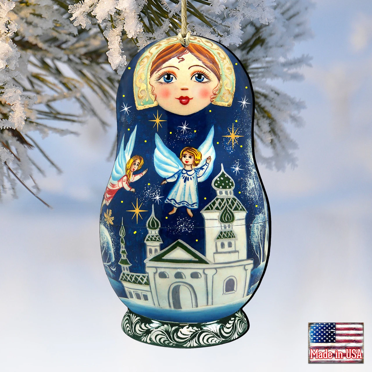 Set Of 2 Matreshka Doll With Flying Angels Wooden Christmas Ornaments 5.5" 6 Set Of 2 Matreshka Doll With Flying Angels Wooden Christmas Ornaments 5.5" - Image 4