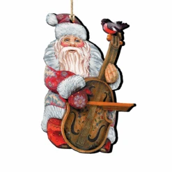 Set Of 2 Santa Claus Playing Violin Wooden Christmas Ornaments 5.5"