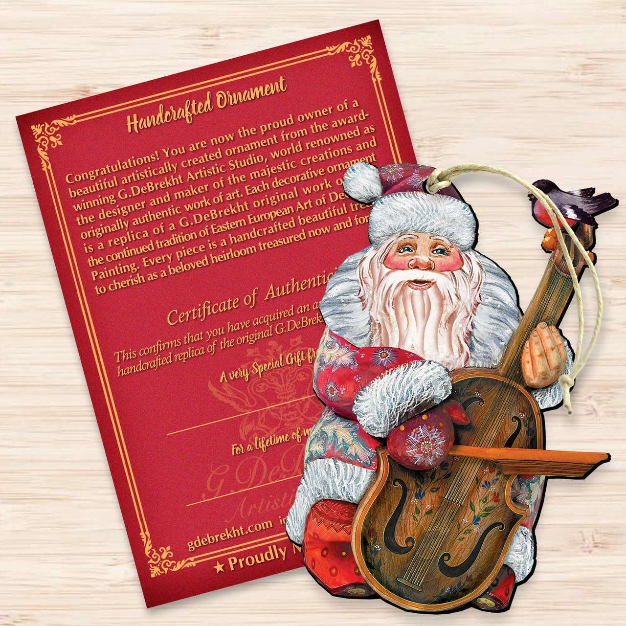 Set Of 2 Santa Claus Playing Violin Wooden Christmas Ornaments 5.5" 5 Set Of 2 Santa Claus Playing Violin Wooden Christmas Ornaments 5.5" - Image 3
