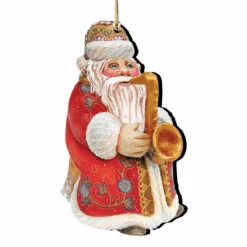 Set Of 2 Santa Claus Trumpet Wooden Christmas Ornaments 5.5"