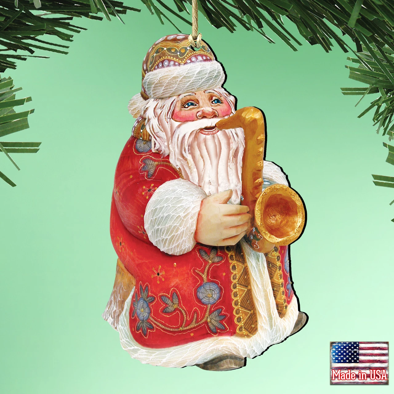 Set Of 2 Santa Claus Trumpet Wooden Christmas Ornaments 5.5" 4 Set Of 2 Santa Claus Trumpet Wooden Christmas Ornaments 5.5" - Image 2