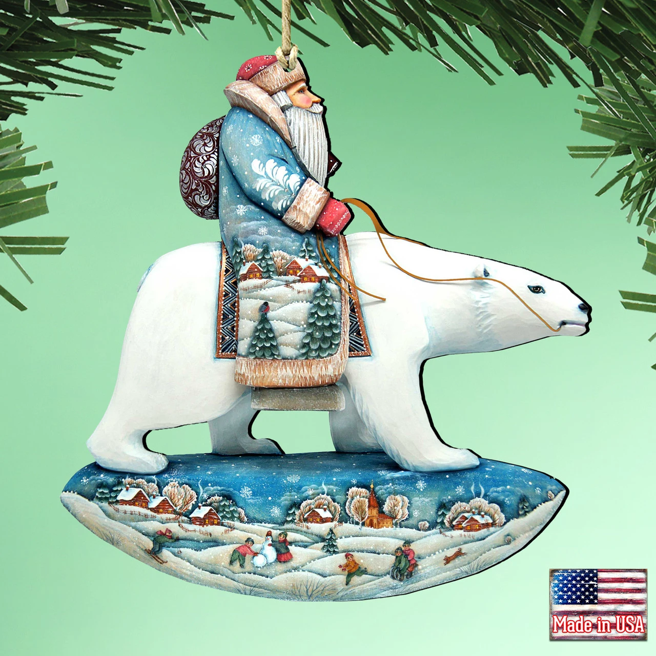 Set Of 2 Santa Riding Polar Bear Wooden Christmas Ornaments 5.5" 4 Set Of 2 Santa Riding Polar Bear Wooden Christmas Ornaments 5.5" - Image 2