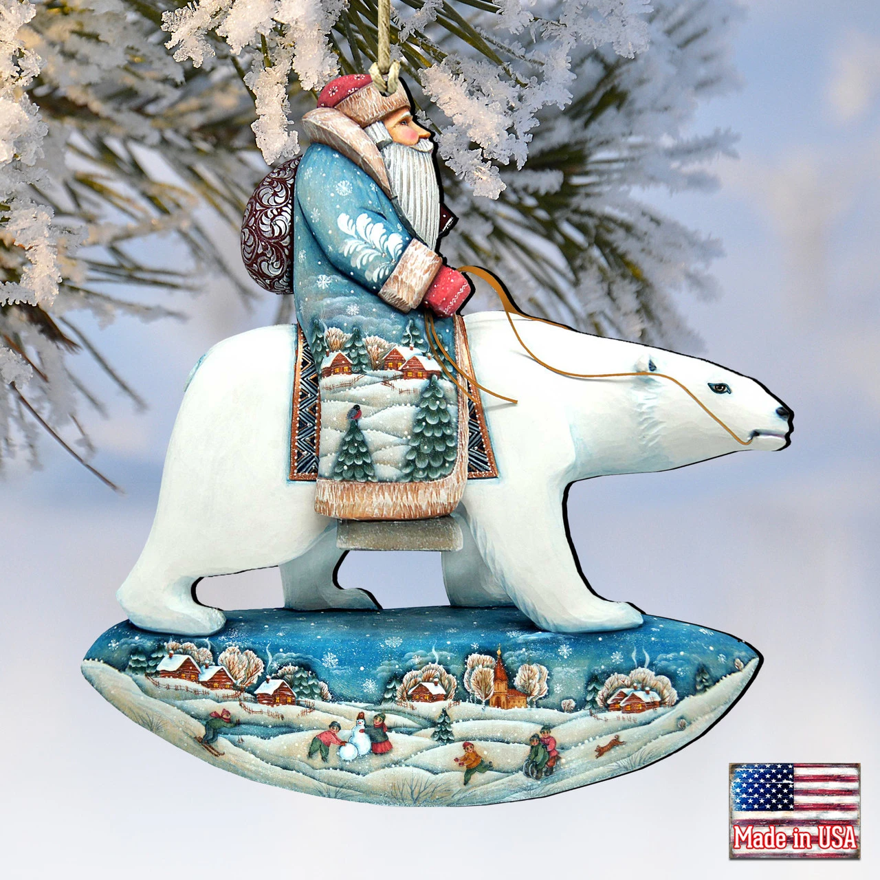 Set Of 2 Santa Riding Polar Bear Wooden Christmas Ornaments 5.5" 6 Set Of 2 Santa Riding Polar Bear Wooden Christmas Ornaments 5.5" - Image 4
