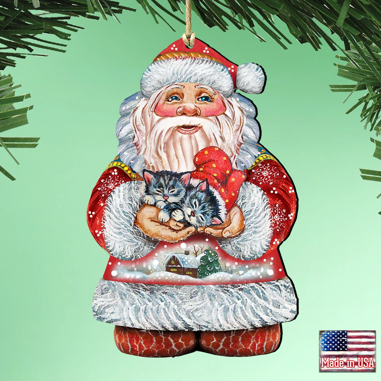 Set Of 2 Santa Claus With Sweet Cats Wooden Christmas Ornaments 5.5" 4 Set Of 2 Santa Claus With Sweet Cats Wooden Christmas Ornaments 5.5" - Image 2