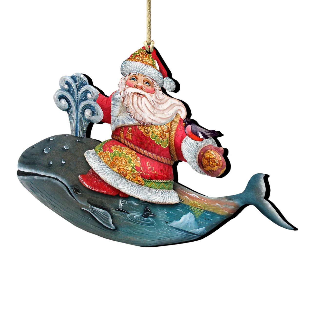 Set Of 2 Santa Ride Whale Coastal Wooden Christmas Ornaments 5.5" 3 Set Of 2 Santa Ride Whale Coastal Wooden Christmas Ornaments 5.5"