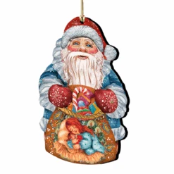Set Of 2 Santa Claus Gifts Bag With A Loving Mother Wooden Christmas Ornaments 5.5"