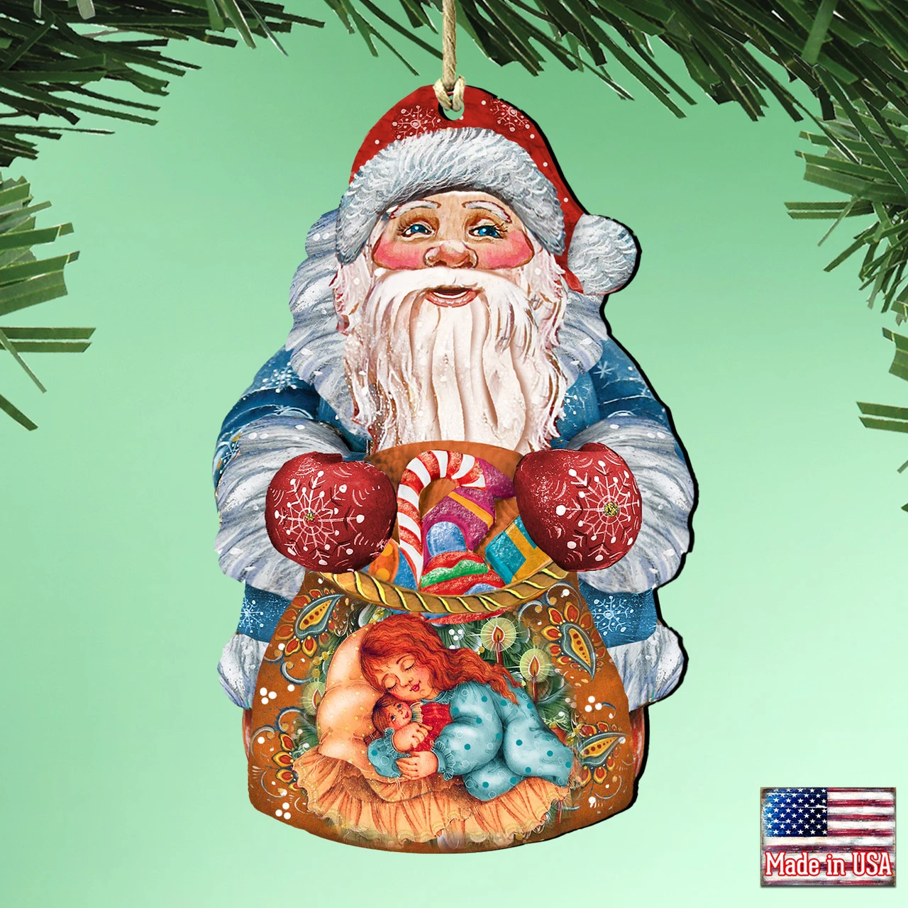 Set Of 2 Santa Claus Gifts Bag With A Loving Mother Wooden Christmas Ornaments 5.5" 4 Set Of 2 Santa Claus Gifts Bag With A Loving Mother Wooden Christmas Ornaments 5.5" - Image 2