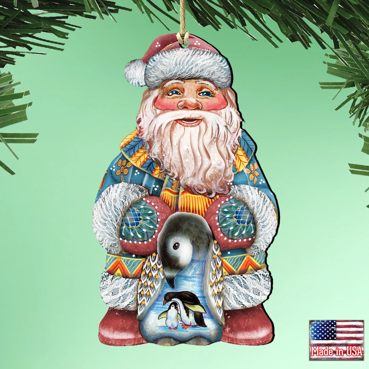 Set Of 2 Santa Claus Penguin Wooden Christmas Ornaments 5.5" 4 Set Of 2 Santa Claus Penguin Wooden Christmas Ornaments 5.5" - Image 2