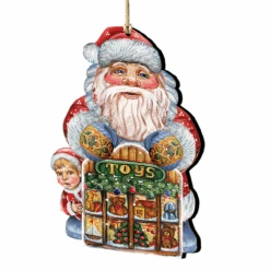 Set Of 2 Santa Claus Toy Shop Wooden Christmas Ornaments 5.5"