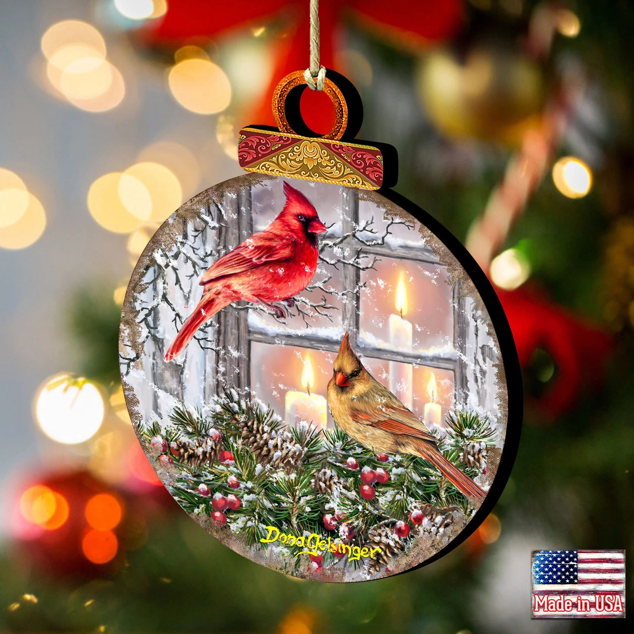 Set Of 2 Winter House With Cardinals Round Wooden Christmas Ornaments 5.5" 4 Set Of 2 Winter House With Cardinals Round Wooden Christmas Ornaments 5.5" - Image 2