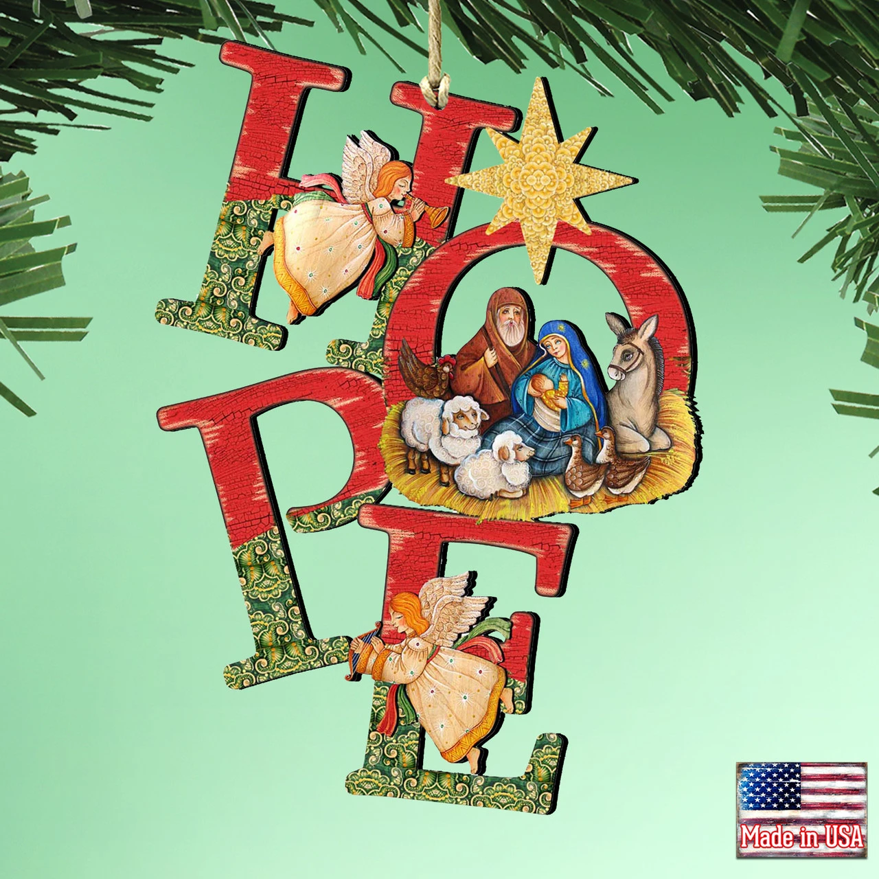 Set Of 2 Magnificent Nativity "Hope" Wooden Christmas Ornaments 5.5" 4 Set Of 2 Magnificent Nativity "Hope" Wooden Christmas Ornaments 5.5" - Image 2