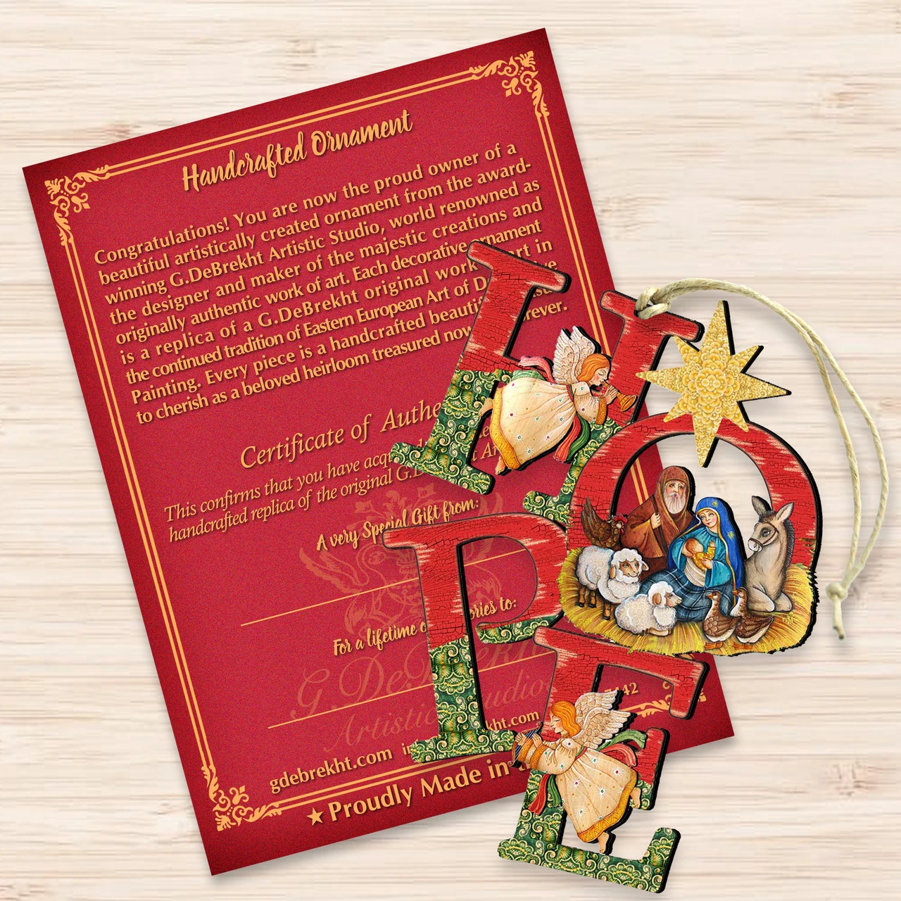 Set Of 2 Magnificent Nativity "Hope" Wooden Christmas Ornaments 5.5" 5 Set Of 2 Magnificent Nativity "Hope" Wooden Christmas Ornaments 5.5" - Image 3