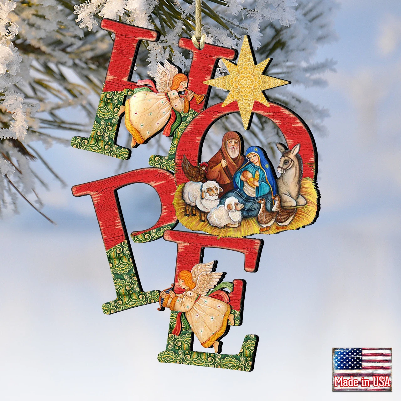 Set Of 2 Magnificent Nativity "Hope" Wooden Christmas Ornaments 5.5" 6 Set Of 2 Magnificent Nativity "Hope" Wooden Christmas Ornaments 5.5" - Image 4