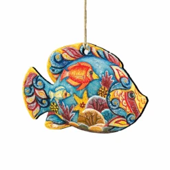 Set Of 2 Vivid Tropical Fish Wooden Christmas Ornaments 5.5"