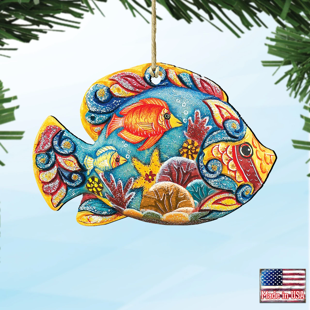 Set Of 2 Vivid Tropical Fish Wooden Christmas Ornaments 5.5" 6 Set Of 2 Vivid Tropical Fish Wooden Christmas Ornaments 5.5" - Image 4