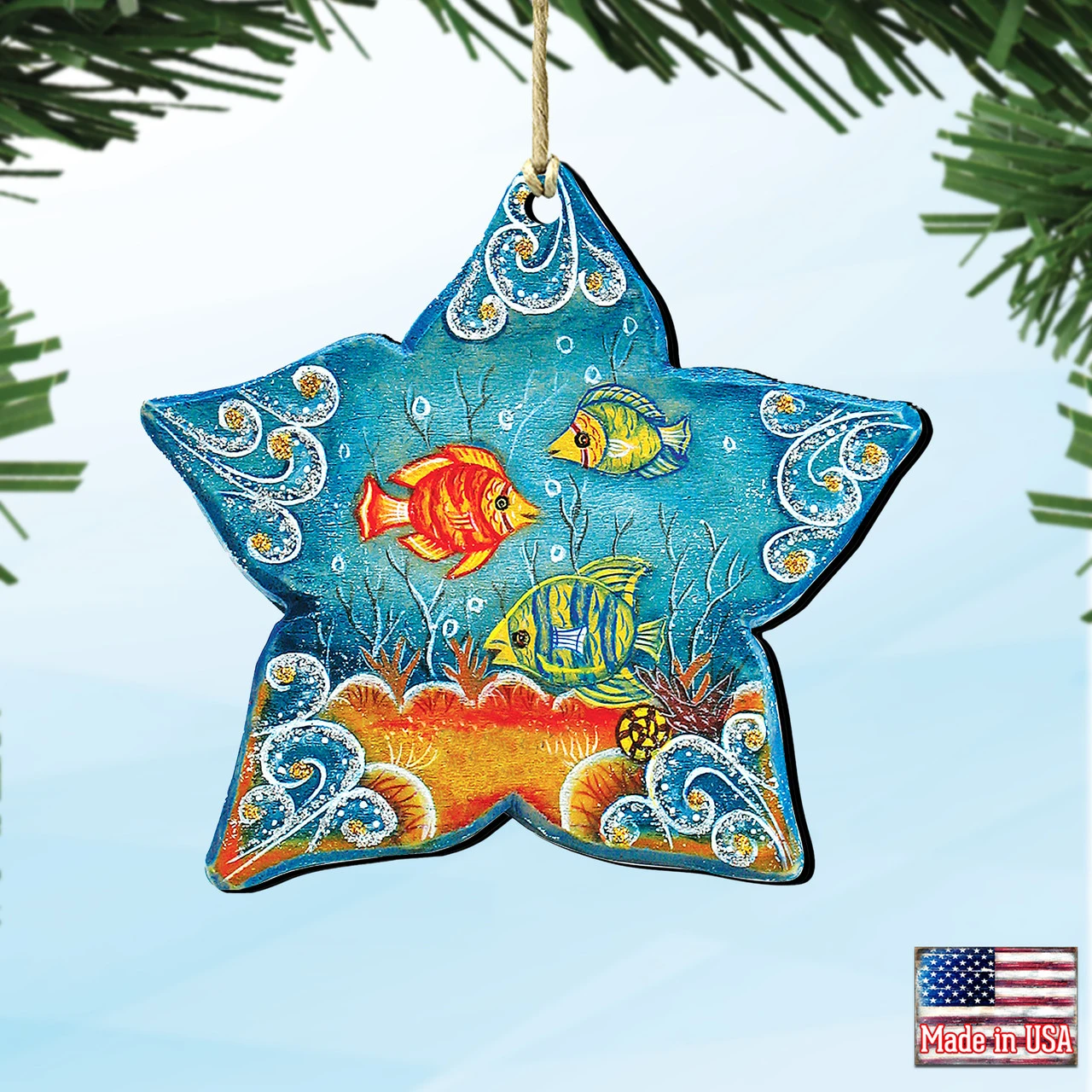 Set Of 2 Sea Star Seaside Wooden Christmas Ornaments 5.5" 6 Set Of 2 Sea Star Seaside Wooden Christmas Ornaments 5.5" - Image 4