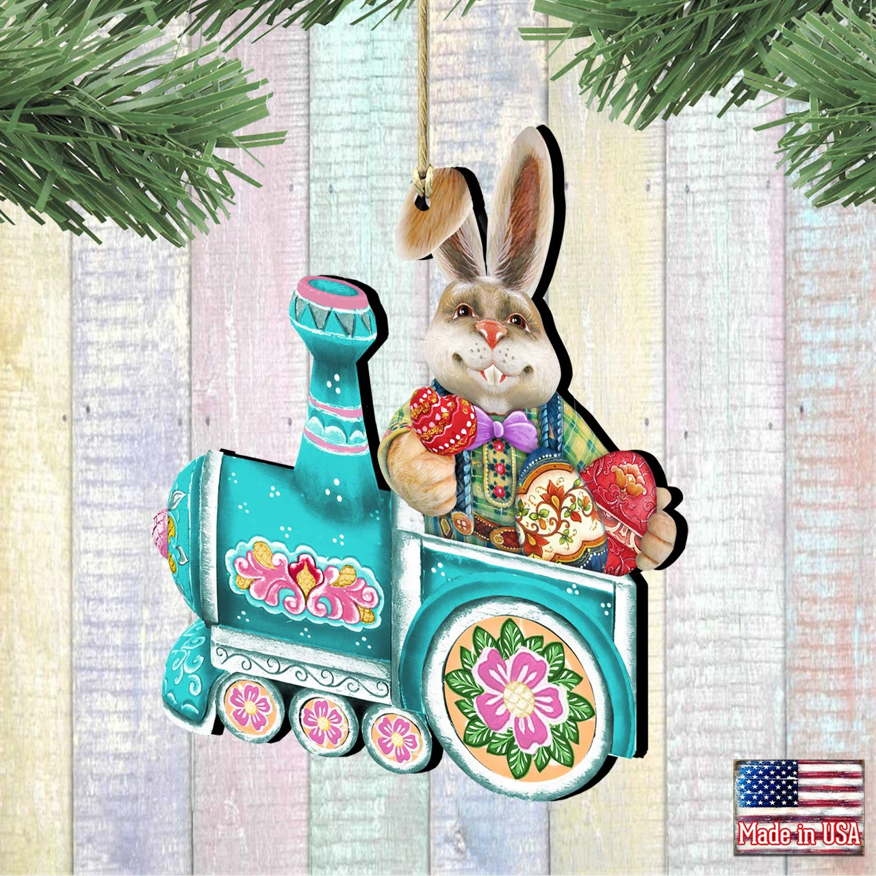 Set Of 2 Easter Bunny Train Ride In A Village Wooden Christmas Ornaments 5.5" 4 Set Of 2 Easter Bunny Train Ride In A Village Wooden Christmas Ornaments 5.5" - Image 2