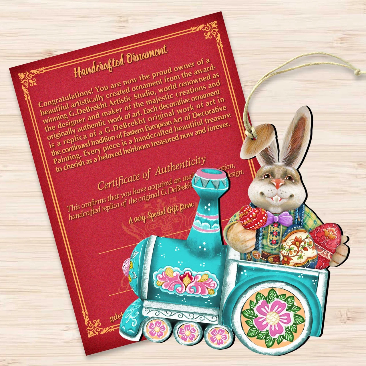 Set Of 2 Easter Bunny Train Ride In A Village Wooden Christmas Ornaments 5.5" 5 Set Of 2 Easter Bunny Train Ride In A Village Wooden Christmas Ornaments 5.5" - Image 3