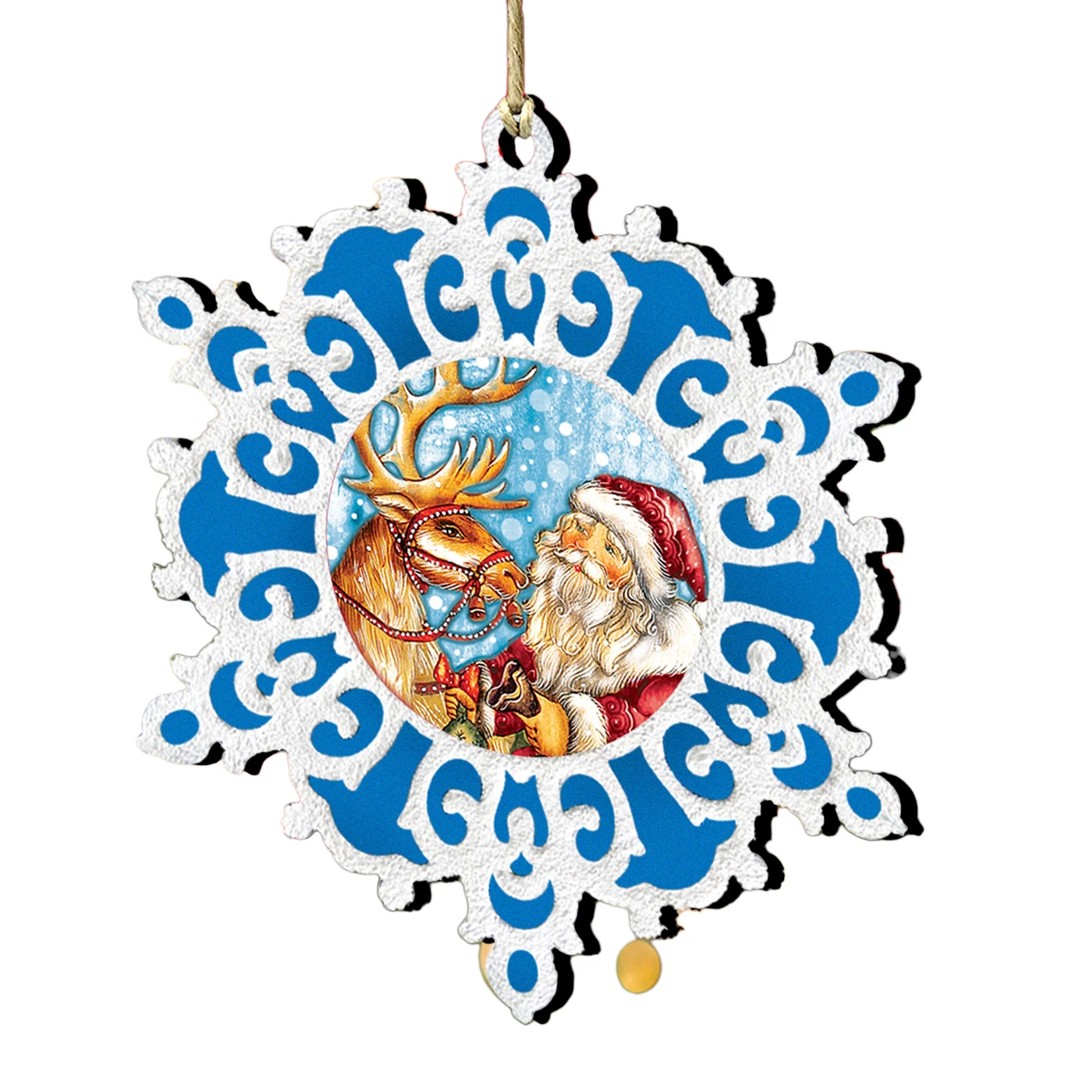 Set Of 2 Santa Reindeer Ride Snowflake Wooden Christmas Ornaments 5.5" 3 Set Of 2 Santa Reindeer Ride Snowflake Wooden Christmas Ornaments 5.5"