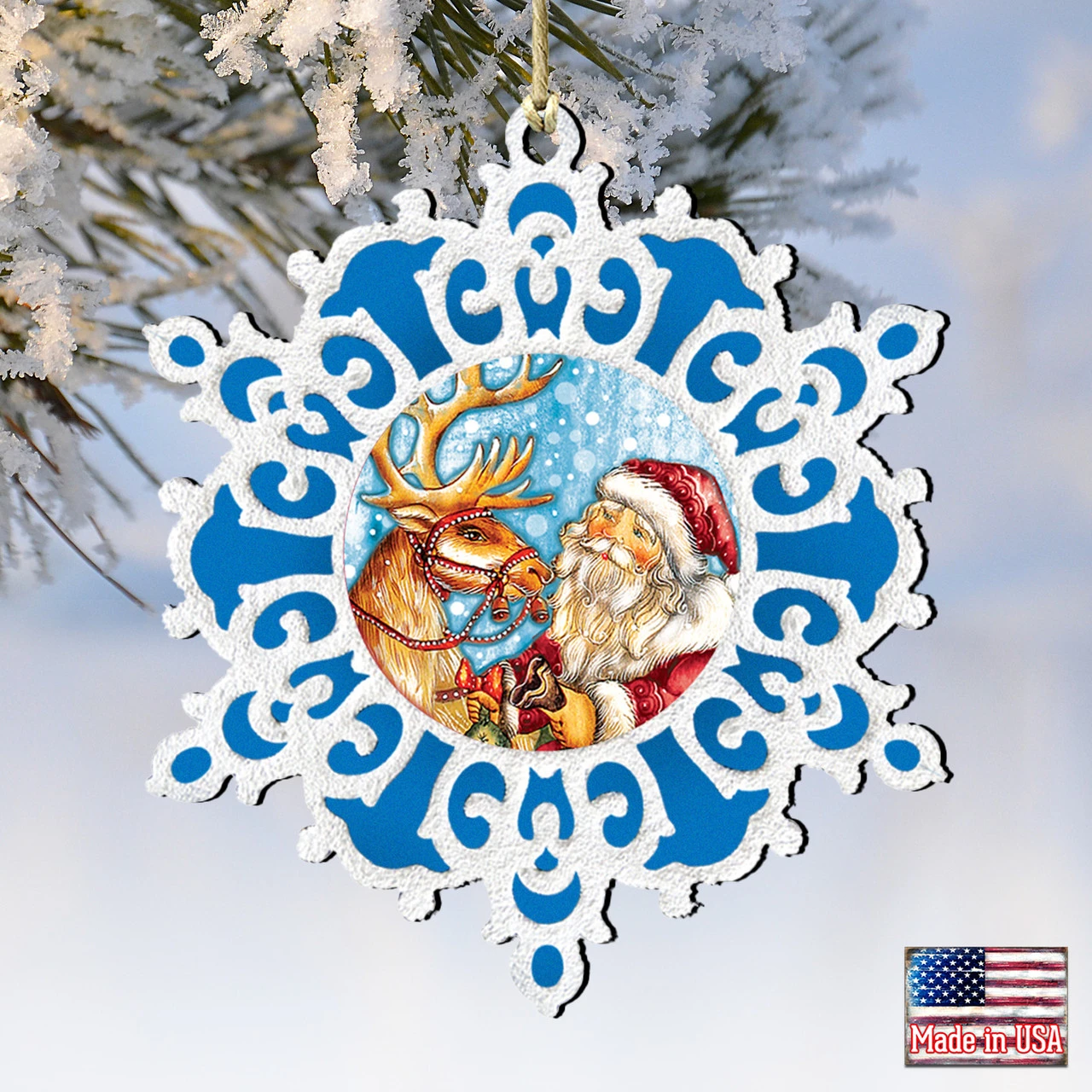 Set Of 2 Santa Reindeer Ride Snowflake Wooden Christmas Ornaments 5.5" 6 Set Of 2 Santa Reindeer Ride Snowflake Wooden Christmas Ornaments 5.5" - Image 4