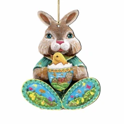 Set Of 2 Easter Bunny Egg With A Chick Wooden Christmas Ornaments 5.5"