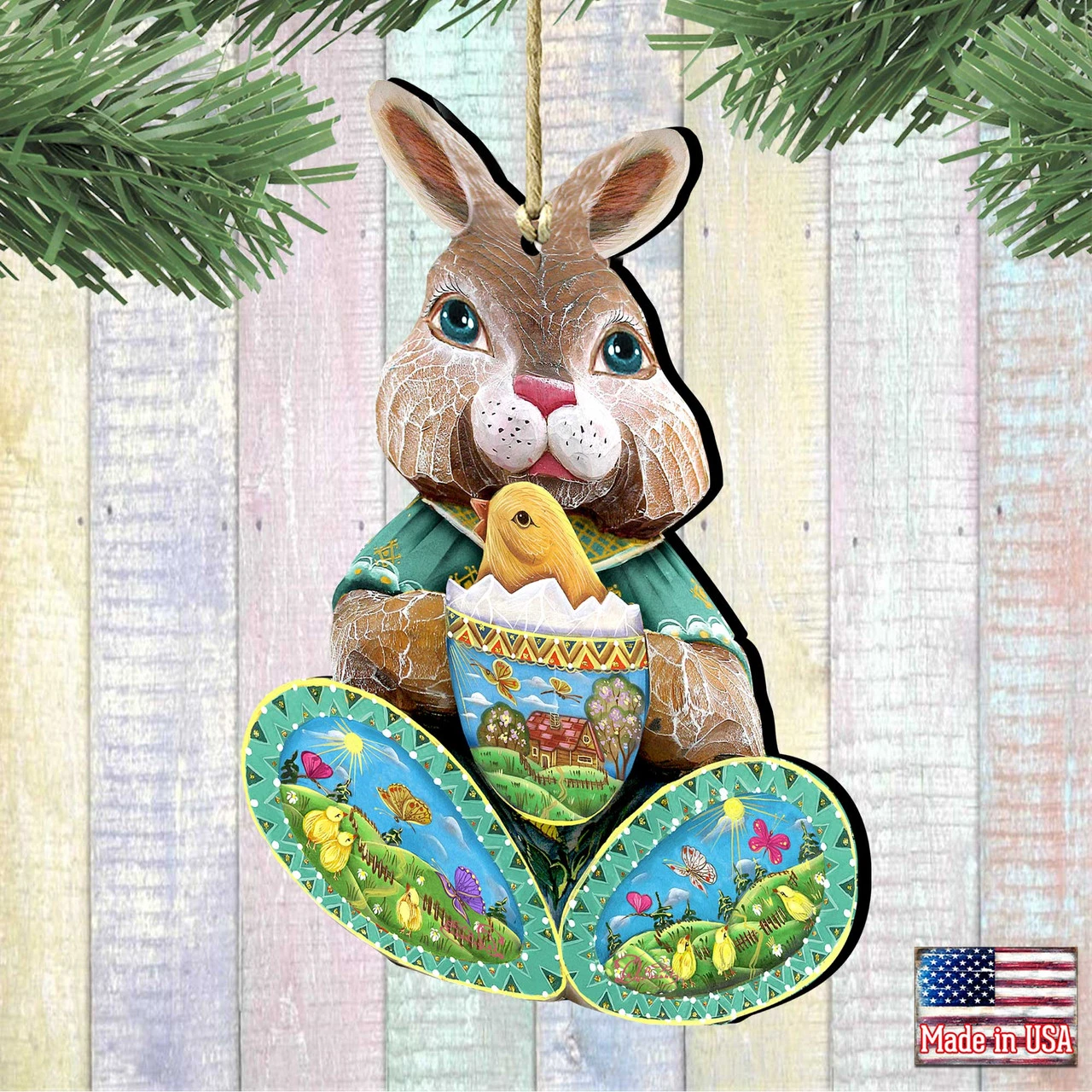 Set Of 2 Easter Bunny Egg With A Chick Wooden Christmas Ornaments 5.5" 4 Set Of 2 Easter Bunny Egg With A Chick Wooden Christmas Ornaments 5.5" - Image 2