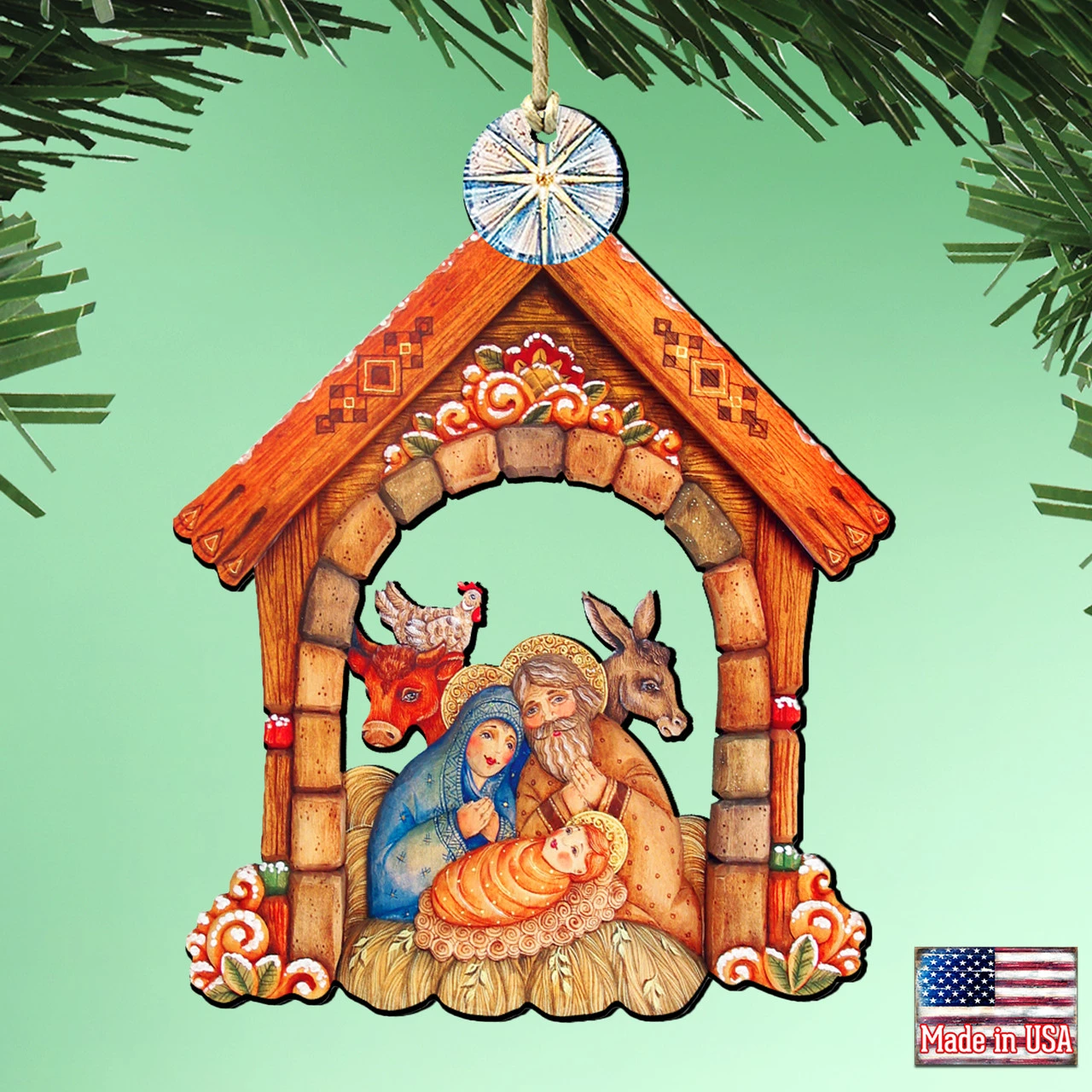Set Of 2 Nativity House Scene Wooden Christmas Ornaments 5.5" 4 Set Of 2 Nativity House Scene Wooden Christmas Ornaments 5.5" - Image 2
