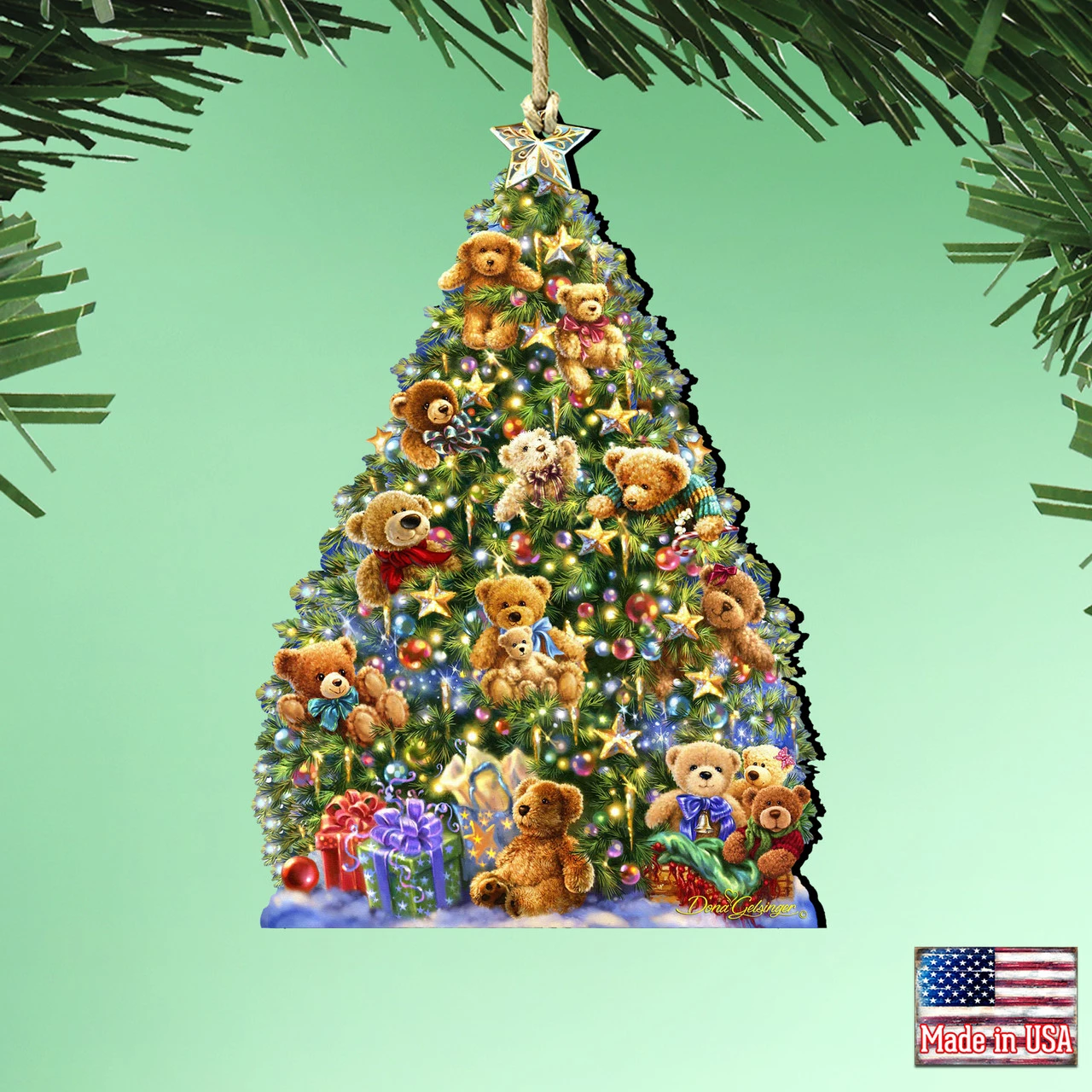 Set Of 2 Teddy Bear Tree With Gifts Wooden Christmas Ornaments 5.5" 4 Set Of 2 Teddy Bear Tree With Gifts Wooden Christmas Ornaments 5.5" - Image 2