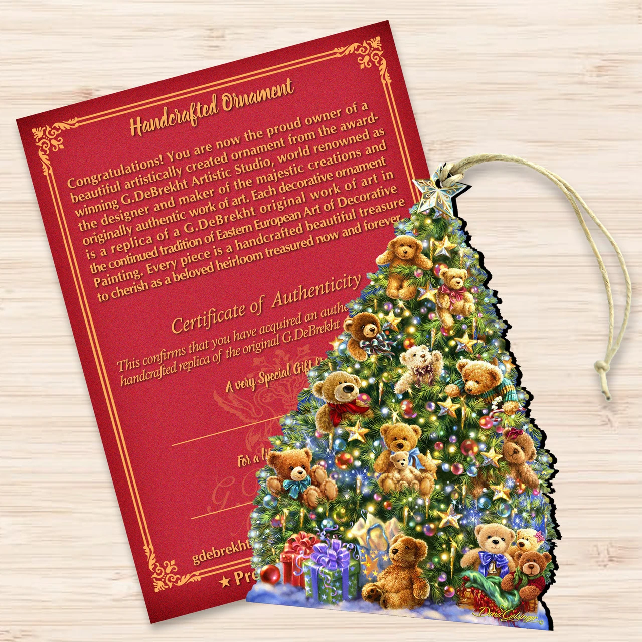 Set Of 2 Teddy Bear Tree With Gifts Wooden Christmas Ornaments 5.5" 5 Set Of 2 Teddy Bear Tree With Gifts Wooden Christmas Ornaments 5.5" - Image 3